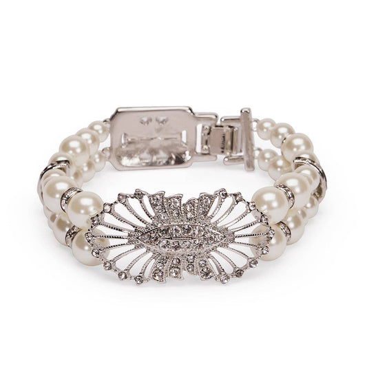 Lovett & Co - Deco Tassel Pearl Bracelet: LENGHT 18CM WIDTH 2CM / White. Crystal / Mixed Base Metal. Rhodium Plating. Nickel Safe. Hypoallergenic. Glass Pearls. Glass Crystal