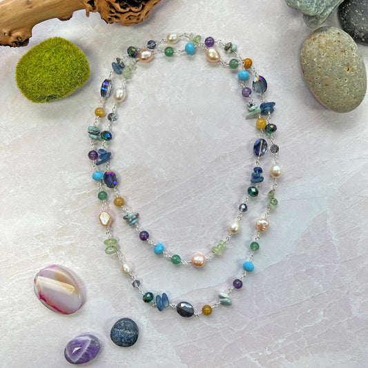 IST Jewelry - Cultured Pearl, Mix gemstone & Crystal Rosary Style Necklace