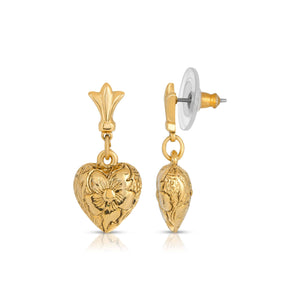 1928 Jewelry - 1928 Jewelry Etched Flower Heart Post Drop Earrings: Gold