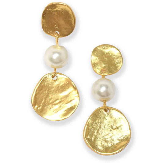KARINE SULTAN - Textured coin and pearl linear drop earring: Yellow Gold