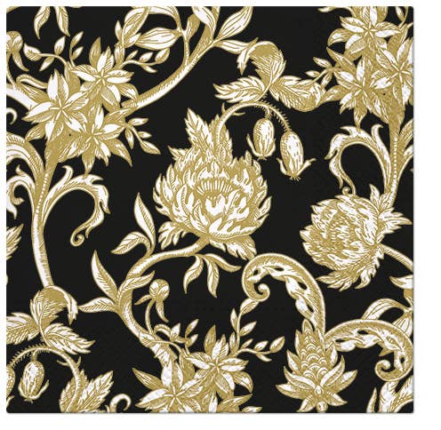 European Excellency - Baroque Flowers on Black Decorative Paper Napkins: Cocktail