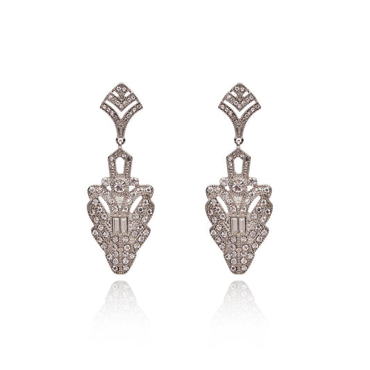 Lovett & Co - Decadent Art Deco 1920s drop Earring: LENGTH 6CM WIDTH 2CM / Mixed Base Metal. Rhodium Plating. Nickel Safe. Hypoallergenic. Glass Crystal Stones. / Crystal