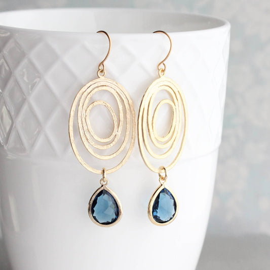 A Pocket of Posies - Modern Oval Swirl Earrings - Navy Blue Glass Jewel