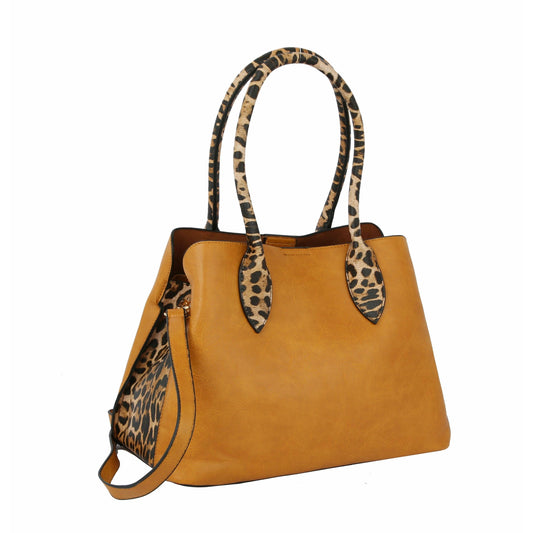 Handbag Factory Corp - HF Leopard Accented Hand Tote Set  HGV-0092W: Tan