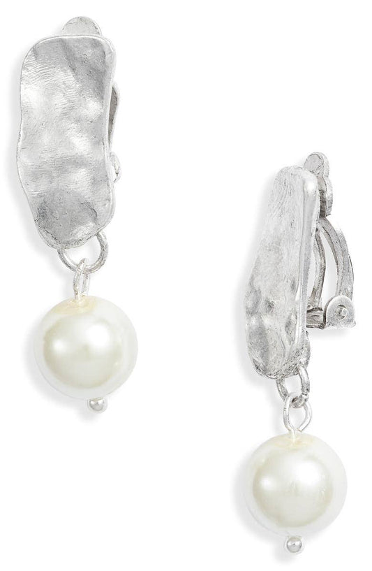 KARINE SULTAN - Cobblestone clip on earrings with pearl dangle.: Silver