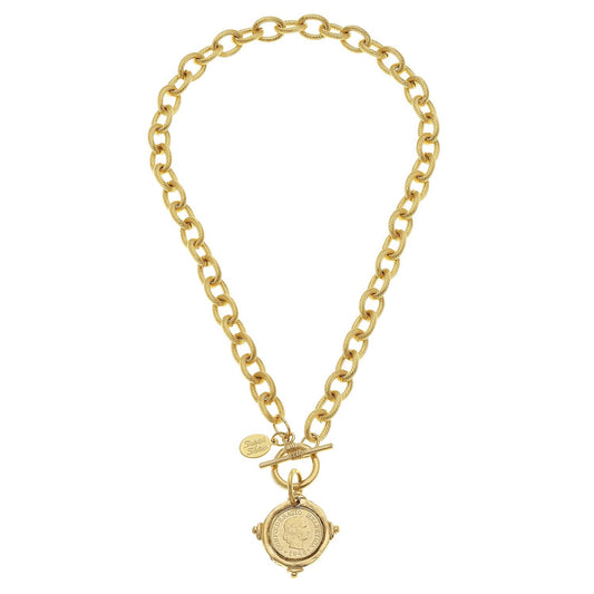 Susan Shaw - Handcast Gold Intaglio Coin Front Toggle Necklace