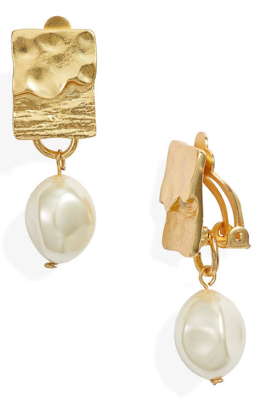 KARINE SULTAN - Rectangular clip on earrings with pearl drop: Gold