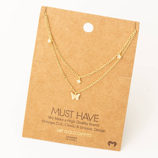 Fame Accessories - Dainty Layered Chain Link Butterfly Charm Necklace