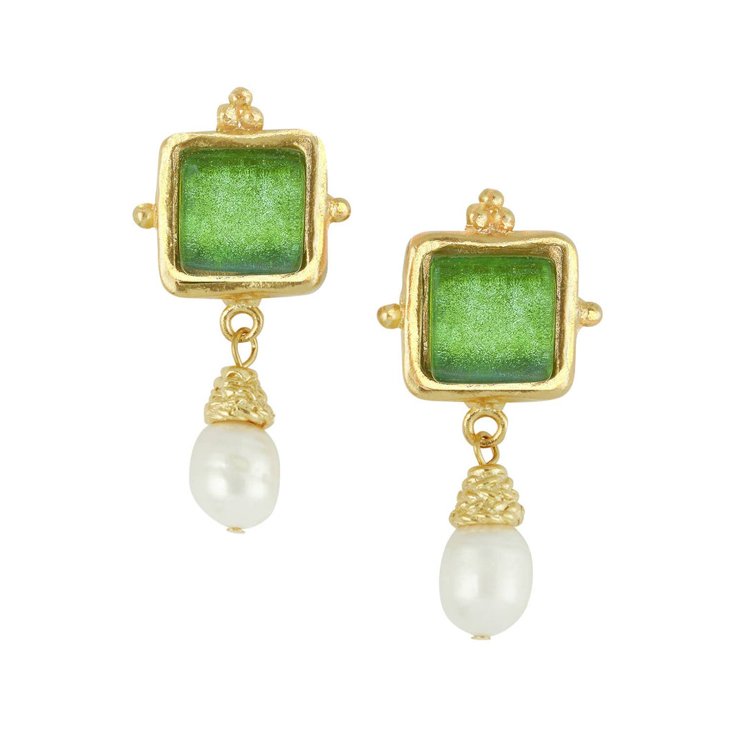 Susan Shaw - Gold/Green Glass + Pearl Earrings