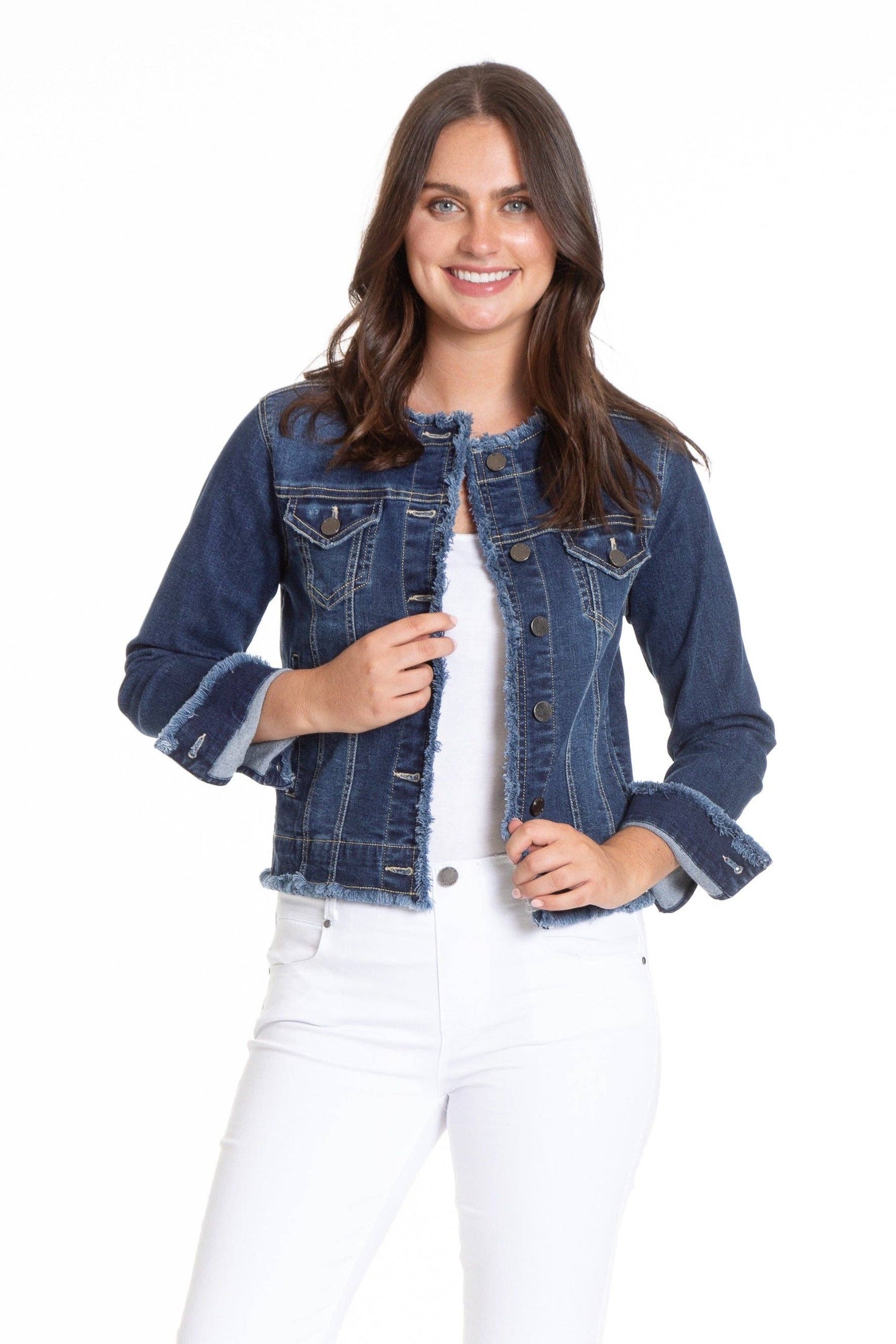 APNY - Collarless Jean Jacket With Frayed Detail: INDIGO / L