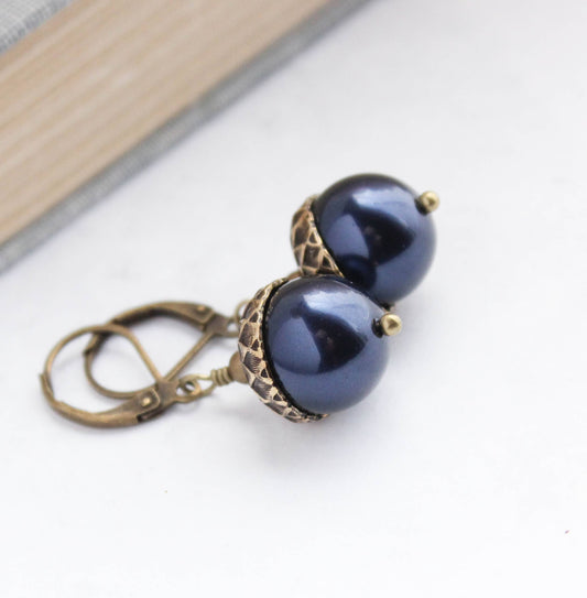 A Pocket of Posies - Midnight Blue Pearl Acorn Earrings - ANTIQUED BRASS