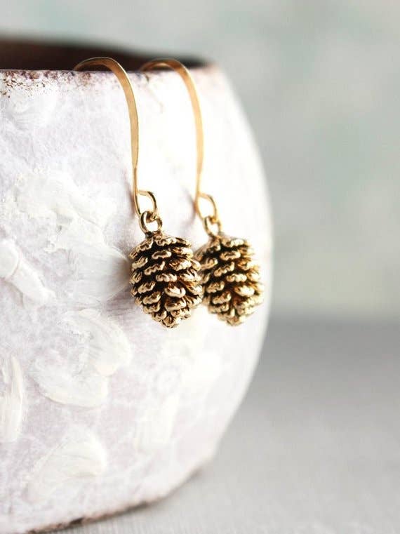 A Pocket of Posies - A Little Pine Cone Drop Earring - Rustic Gold