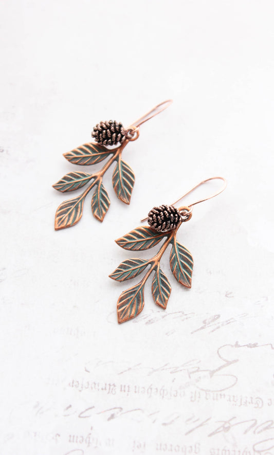 A Pocket of Posies - Branch and Pine Cone Earrings -Blush Mint Copper Patina