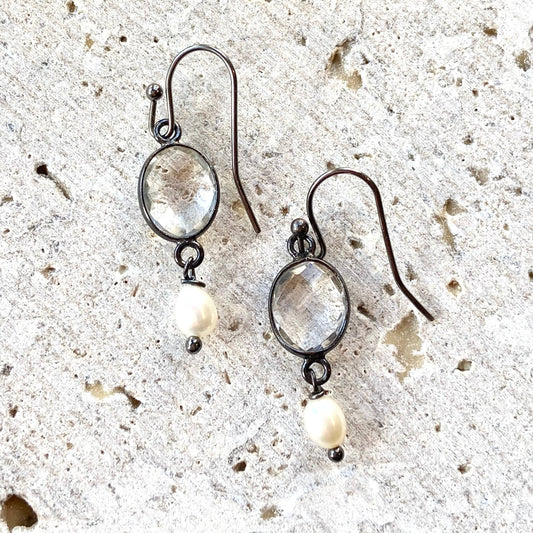 VB&CO Designs Handmade Jewelry - Crystal Quartz, Fresh Water Pearl Drop Earrings
