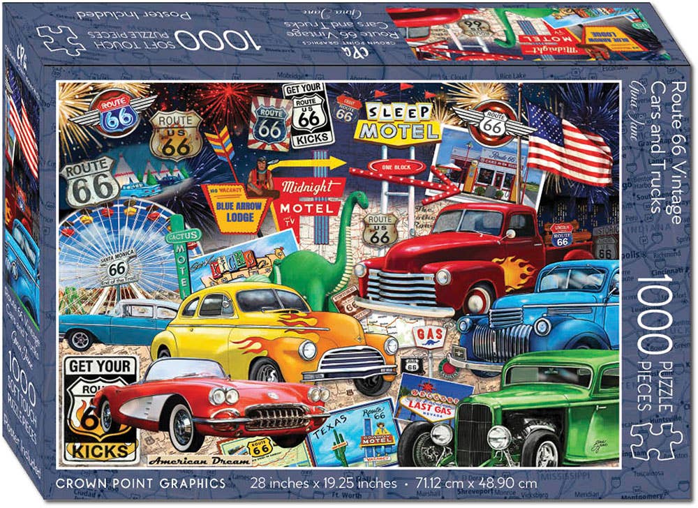 Crown Point Graphics - Route 66 Vintage Cars and Trucks - 1000 Piece Jigsaw Puzzle