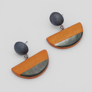 Sylca Designs - Orange Wood and Shell Half Moon Earrings
