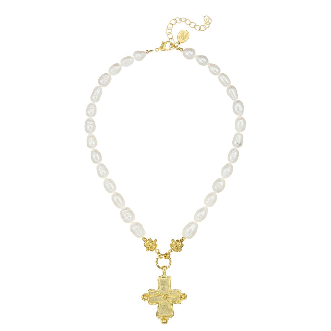 Susan Shaw - Gold Cross on Freshwater Pearl Necklace