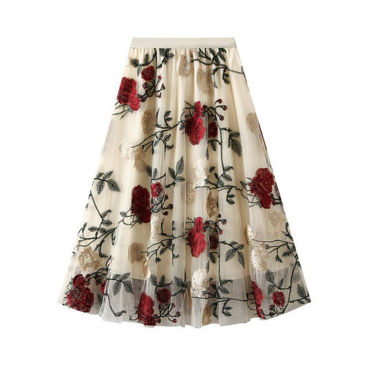 PEACH ACCESSORIES - SDK159 large embroidered RED roses skirt: Cream