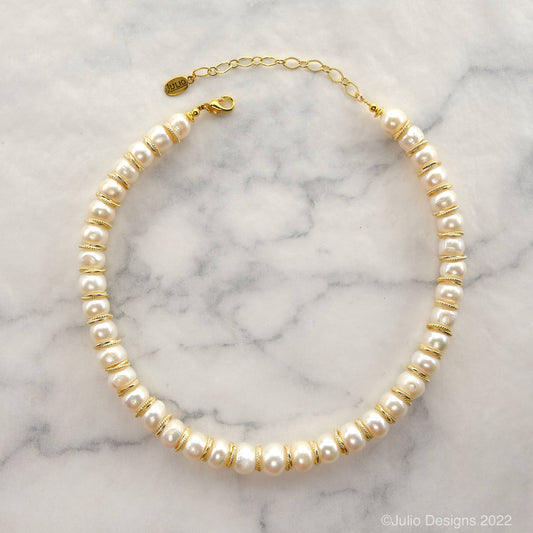 Julio Designs - Alberta Freshwater Button Pearl Necklace with Golden Spacers