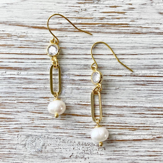 VB&CO Designs Handmade Jewelry - Boutique Pearl earrings paperclip chain, gold pearl ,salon