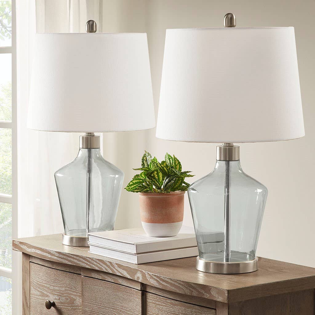 Olliix - Set of 2 Clear Glass Base Table Lamps, Grey Base
