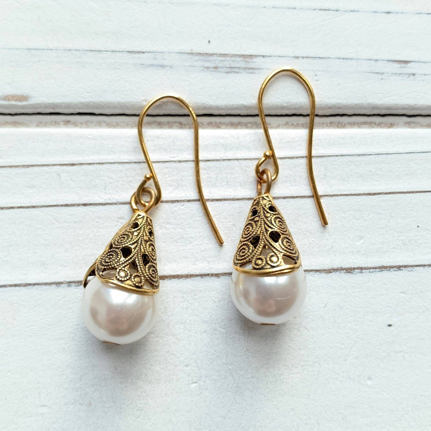 Lenora Dame - Filigree Bead Cap Pearl Earrings - 2 Pearl Color Options: White Pearl