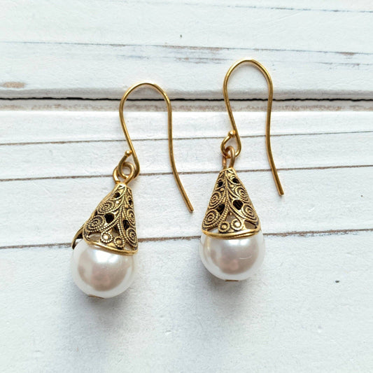 Lenora Dame - Filigree Bead Cap Pearl Earrings - 2 Pearl Color Options: White Pearl